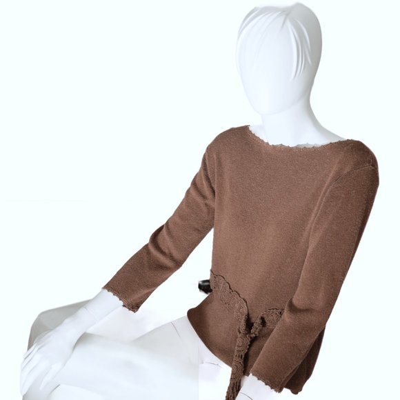 Ramie coffee 3/4 sleeve top, faux tie detail at waist sweater western - Picture 2 of 7